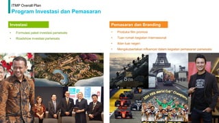ITMP Overall Plan
Program Investasi dan Pemasaran
Investasi Pemasaran dan Branding
• Produksi film promosi
• Tuan rumah kegiatan internasional
• Iklan luar negeri
• Mengikutsertakan influencer dalam kegiatan pemasaran pariwisata
• Formulasi paket investasi pariwisata
• Roadshow investasi pariwisata
 