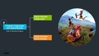 Total 12 Rencana Program
Program Lingkungan
dan Sosial Budaya
Kajian Dampak
Lingkungan
Kajian Dampak
Sosial Budaya
6
 