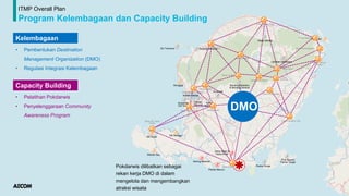 ITMP Overall Plan
Program Kelembagaan dan Capacity Building
Kelembagaan
Capacity Building
• Pembentukan Destination
Management Organization (DMO)
• Regulasi Integrasi Kelembagaan
• Pelatihan Pokdarwis
• Penyelenggaraan Community
Awareness Program
DMO
Pokdarwis dilibatkan sebagai
rekan kerja DMO di dalam
mengelola dan mengembangkan
atraksi wisata
Desa Lingsar
Desa Gili Gede
Indah
Desa Mertak
Desa Lantan
Desa Kuta
Desa Labuan
Pandan
Desa Sugian
Desa Senanggalih
Desa Genggelang
Desa Santong
Desa Labuhan Haji
Desa Sayang-sayang
Desa Karang Bajo
Desa Banyumulek
Desa Jeruk Manis
Desa Pringgasela
Desa Sapit
Desa
Bebidas
 