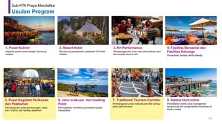 69
Sub-KTA Praya Mandalika
Usulan Program
1. Pusat Kuliner
Integrasi pusat kuliner dengan kampung
nelayan
2. Resort Hotel
Mendukung penyebaran wisatawan di Pantai
Selatan
3. Art Performance
Penyelenggaraan acara dan pertunjukkan seni
dan budaya secara rutin
4. Fasilitas Bersantai dan
Fasilitas Keluarga
Penyediaan fasilitas family-friendly
5. Pusat Kegiatan Perikanan
dan Pelabuhan
Pembangunan pusat pemancingan, pasar
ikan, marina, dan fasilitas pelabihan
7. Traditional Tourism Corridor
Pembangunan untuk evakuasi dan titik kumpul
pada saat bencana
8. Sistem tiket online
Pendaftaran online untuk managemen
pengunjung dan pengendalian keramaian di
atraksi wisata
6. Jalur evakuasi dan meeting
Point
Meningkatkan kontribusi pariwisata kepada
masyarakat,
 