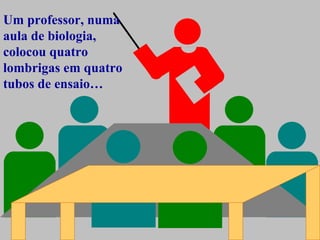 Um professor, numa aula de biologia, colocou quatro lombrigas em quatro tubos de ensaio… 