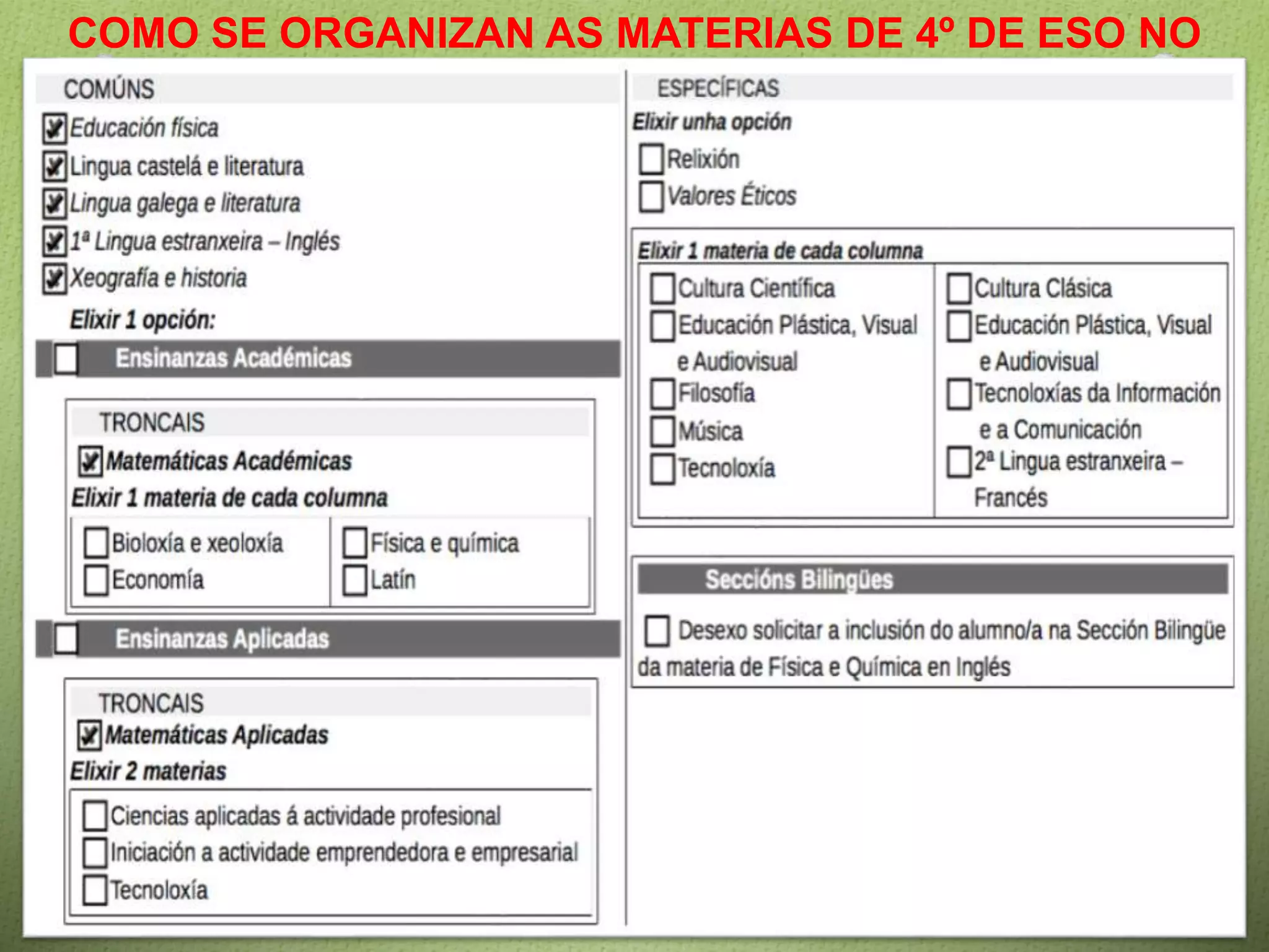 COMO SE ORGANIZAN AS MATERIAS DE 4º DE ESO NO
NOSO CENTRO
 