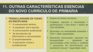 11. OUTRAS CARACTERÍSTICAS ESENCIAS 
DO NOVO CURRICULO DE PRIMARIA 
 Regula as tarefas escolares. 
 Fortaleze: atención á diversidade + 
plurilingüismo + plan lector + estilos de 
vida saudables. 
 Alumnado con necesidades epseciais + 
TDH + Altas capacidades. 
 Elementos transversais: persosas con 
discapacidade + igualdade de 
oportunidades entre homes e mulleres 
+ prevención de discriminación por 
oreintación sexual + seguridade viaria. 
 TRABALLARANSE EN TODAS 
AS DISCIPLINAS: 
 A comprensión lectora. 
 A expresión oral e escrita. 
 A comunicación audiovisual. 
 As tecnoloxías da 
información e comunicación. 
 O emprendemento . 
 A educación cívica e 
constitucional. 
 