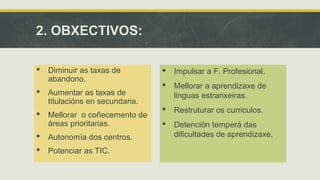 2. OBXECTIVOS: 
 Impulsar a F. Profesional. 
 Mellorar a aprendizaxe de 
linguas estranxeiras. 
 Restruturar os curriculos. 
 Detención temperá das 
dificultades de aprendizaxe. 
 Diminuir as taxas de 
abandono. 
 Aumentar as taxas de 
titulacións en secundaria. 
 Mellorar o coñecemento de 
áreas prioritarias. 
 Autonomía dos centros. 
 Potenciar as TIC. 
 