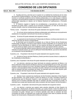 BOLETÍN OFICIAL DE LAS CORTES GENERALES

CONGRESO DE LOS DIPUTADOS
Serie A  Núm. 48-8	

4 de diciembre de 2013	

Pág. 32

5.  Aquellos alumnos y alumnas que no superen en su totalidad las enseñanzas de los ciclos
de Formación Profesional Básica, o de cada uno de los ciclos formativos de grado medio o superior,
recibirán un certificado académico de los módulos profesionales y en su caso bloques o materias
superados, que tendrá efectos académicos y de acreditación parcial acumulable de las competencias
profesionales adquiridas en relación con el Sistema Nacional de Cualificaciones y Formación
Profesional.
6.  El Gobierno regulará el régimen de convalidaciones y equivalencias entre los ciclos
formativos de grado medio y superior de la Formación Profesional y el resto de enseñanzas y
estudios oficiales, oídos los correspondientes órganos colegiados.»
Treinta y nueve.  El apartado 1 del artículo 46 queda redactado de la siguiente manera:
«1.  El currículo de las enseñanzas artísticas profesionales será definido por el procedimiento
establecido en el apartado 3 del artículo 6 bis de esta Ley Orgánica.»
Cuarenta.  El artículo 50 queda redactado de la siguiente manera:
«1.  La superación de las Enseñanzas Profesionales de Música o de Danza dará derecho a la
obtención del título de Técnico correspondiente.
2.  El alumnado que se encuentre en posesión de un título de Técnico de las Enseñanzas
Profesionales de Música o de Danza podrá obtener el título de Bachiller por la superación de la
evaluación final de Bachillerato en relación con las materias del bloque de asignaturas troncales
que como mínimo se deban cursar en la modalidad y opción que escoja el alumno o alumna.
En el título de Bachiller deberá hacerse referencia a que dicho título se ha obtenido de la forma
indicada en el párrafo anterior, así como la calificación final de Bachillerato, que será la nota obtenida
en la evaluación final de Bachillerato.»
Cuarenta y uno.  El apartado 2 del artículo 53 queda redactado de la siguiente manera:
«2.  El título de Técnico de Artes Plásticas y Diseño permitirá el acceso directo a cualquiera de
las modalidades de Bachillerato.»
Cuarenta y dos. El apartado 3 del artículo 54 queda redactado de la siguiente manera:
«3.  Los alumnos y alumnas que hayan terminado los estudios superiores de Música o de
Danza obtendrán el título Superior de Música o Danza en la especialidad de que se trate, que queda
incluido a todos los efectos en el nivel 2 del Marco Español de Cualificaciones para la Educación
Superior y será equivalente al título universitario de grado. Siempre que la normativa aplicable exija
estar en posesión del título universitario de Grado, se entenderá que cumple este requisito quien
esté en posesión del título Superior de Música o Danza.»
Cuarenta y tres.  El apartado 3 del artículo 55 queda redactado de la siguiente manera:
«3.  Quienes hayan superado las enseñanzas de Arte Dramático obtendrán el título Superior
de Arte Dramático, que queda incluido a todos los efectos en el nivel 2 del Marco Español de
Cualificaciones para la Educación Superior y será equivalente al título universitario de grado.
Siempre que la normativa aplicable exija estar en posesión del título universitario de Grado, se
entenderá que cumple este requisito quien esté en posesión del título Superior de Arte Dramático.»

«2.  Los alumnos y alumnas que superen estos estudios obtendrán el título Superior de
Conservación y Restauración de Bienes Culturales, que queda incluido a todos los efectos en el
nivel 2 del Marco Español de Cualificaciones para la Educación Superior y será equivalente al título
universitario de grado. Siempre que la normativa aplicable exija estar en posesión del título
universitario de Grado, se entenderá que cumple este requisito quien esté en posesión del título
Superior de Conservación y Restauración de Bienes Culturales.»

cve: BOCG-10-A-48-8

Cuarenta y cuatro.  El apartado 2 del artículo 56 queda redactado de la siguiente manera:

 