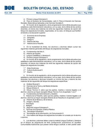 BOLETÍN OFICIAL DEL ESTADO
Núm. 295 Martes 10 de diciembre de 2013 Sec. I. Pág. 97883
c) Primera Lengua Extranjera II.
d) Para el itinerario de Humanidades, Latín II. Para el itinerario de Ciencias
Sociales, Matemáticas Aplicadas a las Ciencias Sociales II.
e) En función de la regulación y de la programación de la oferta educativa que
establezca cada Administración educativa y, en su caso, de la oferta de los centros
docentes, al menos dos materias de entre las siguientes materias de opción del
bloque de asignaturas troncales, organizadas, en su caso, en bloques que faciliten
el tránsito a la educación superior:
1.º Economía de la Empresa.
2.º Geografía.
3.º Griego II.
4.º Historia del Arte.
5.º Historia de la Filosofía.
3. En la modalidad de Artes, los alumnos y alumnas deben cursar las
siguientes materias generales del bloque de asignaturas troncales:
a) Fundamentos del Arte II.
b) Historia de España.
c) Lengua Castellana y Literatura II.
d) Primera Lengua Extranjera II.
e) En función de la regulación y de la programación de la oferta educativa que
establezca cada Administración educativa y, en su caso, de la oferta de los centros
docentes, al menos dos materias de entre las siguientes materias de opción del
bloque de asignaturas troncales:
1.º Artes Escénicas.
2.º Cultura Audiovisual II.
3.º Diseño.
4. En función de la regulación y de la programación de la oferta educativa que
establezca cada Administración educativa y, en su caso, de la oferta de los centros
docentes, los alumnos y alumnas cursarán un mínimo de dos y máximo de tres
materias de las siguientes del bloque de asignaturas específicas:
a) Análisis Musical II.
b) Ciencias de la Tierra y del Medio Ambiente.
c) Dibujo Artístico II.
d) Dibujo Técnico II, salvo que los padres, madres o tutores legales o el
alumno o alumna ya hayan escogido Dibujo Técnico II en el apartado 1.e).2.º
e) Fundamentos de Administración y Gestión.
f) Historia de la Filosofía, salvo que los padres, madres o tutores legales o el
alumno o alumna ya hayan escogido Historia de la Filosofía en el apartado 2.e).5.º
g) Historia de la Música y de la Danza.
h) Imagen y Sonido.
i) Psicología.
j) Religión.
k) Segunda Lengua Extranjera II.
l) Técnicas de Expresión Gráfico-Plástica.
m) Tecnología Industrial II.
n) Tecnologías de la Información y la Comunicación II.
ñ) Una materia del bloque de asignaturas troncales no cursada por el alumno
o alumna.
5. Los alumnos y alumnas deben cursar la materia Lengua Cooficial y Literatura
en el bloque de asignaturas de libre configuración autonómica en aquellas
Comunidades Autónomas que posean dicha lengua cooficial, si bien podrán estar
cve:BOE-A-2013-12886
 