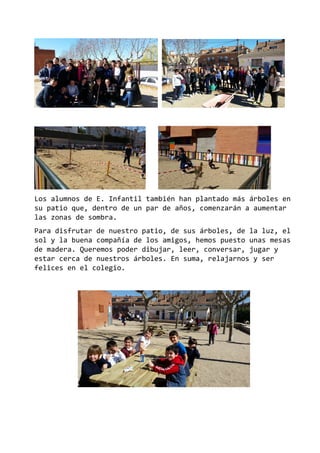 Los alumnos de E. Infantil también han plantado más árboles en
su patio que, dentro de un par de años, comenzarán a aumentar
las zonas de sombra.
Para disfrutar de nuestro patio, de sus árboles, de la luz, el
sol y la buena compañía de los amigos, hemos puesto unas mesas
de madera. Queremos poder dibujar, leer, conversar, jugar y
estar cerca de nuestros árboles. En suma, relajarnos y ser
felices en el colegio.
 