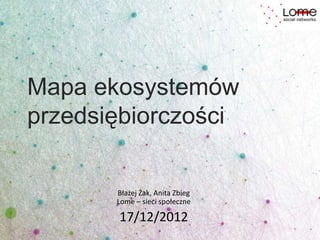 Mapa ekosystemów
przedsiębiorczości

       Błażej Żak, Anita Zbieg
       Lome – sieci społeczne

       17/12/2012
 