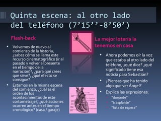 Quinta escena: al otro lado
    del teléfono (7’15’’-8’50’)
    Flash-back                     La mejor lotería la
 Volvemos de nuevo al             tenemos en casa
  comienzo de la historia,
  ¿sabes cómo se llama este           Ahora podemos oír la voz
  recurso cinematográfico (ir al       que estaba al otro lado del
  pasado y volver al presente          teléfono, ¿qué dice? ¿qué
  en el tiempo de la
  narración)?, ¿para qué crees         significado tiene esa
  que sirve?, ¿qué efecto se           noticia para Sebastián?
  consigue?                           ¿Piensas que ha tenido
 Estamos en la misma escena           algo que ver Ángel?
  del comienzo, ¿cuál es el
  orden de los                        Explica las expresiones:
  acontecimientos de este               •   “donante”
  cortometraje?, ¿qué acciones          •   “trasplante”
  ocurren antes en el tiempo            •   “lista de espera”
  cronológico? (casa / garaje)
 