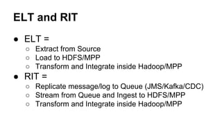 ELT and RIT
● ELT =
○ Extract from Source
○ Load to HDFS/MPP
○ Transform and Integrate inside Hadoop/MPP
● RIT =
○ Replicate message/log to Queue (JMS/Kafka/CDC)
○ Stream from Queue and Ingest to HDFS/MPP
○ Transform and Integrate inside Hadoop/MPP
 