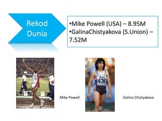 Rekod
Dunia
•Mike Powell (USA) – 8.95M
•GalinaChistyakova (S.Union) –
7.52M
Mike Powell Galina Chistyakova
 