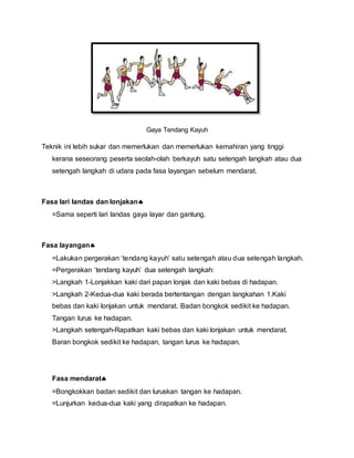 Gaya Tendang Kayuh
Teknik ini lebih sukar dan memerlukan dan memerlukan kemahiran yang tinggi
kerana seseorang peserta seolah-olah berkayuh satu setengah langkah atau dua
setengah langkah di udara pada fasa layangan sebelum mendarat.
Fasa lari landas dan lonjakan
=Sama seperti lari landas gaya layar dan gantung.
Fasa layangan
=Lakukan pergerakan ‘tendang kayuh’ satu setengah atau dua setengah langkah.
=Pergerakan ‘tendang kayuh’ dua setengah langkah:
>Langkah 1-Lonjakkan kaki dari papan lonjak dan kaki bebas di hadapan.
>Langkah 2-Kedua-dua kaki berada bertentangan dengan langkahan 1.Kaki
bebas dan kaki lonjakan untuk mendarat. Badan bongkok sedikit ke hadapan.
Tangan lurus ke hadapan.
>Langkah setengah-Rapatkan kaki bebas dan kaki lonjakan untuk mendarat.
Baran bongkok sedikit ke hadapan, tangan lurus ke hadapan.
Fasa mendarat
=Bongkokkan badan sedikit dan luruskan tangan ke hadapan.
=Lunjurkan kedua-dua kaki yang dirapatkan ke hadapan.
 