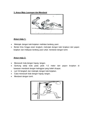 3. Ansur Maju Layangan dan Mendarat
Ansur maju 1:
 Melonjak dengan kaki lonjakan melintasi benteng pasir.
 Berlari lima hingga enam langkah, melonjak dengan kaki lonjakan dari papan
lonjakan dan melepasi benteng pasir untuk mendarat dengan tumit.
Ansur maju 2:
 Mencecah bola dengan hujung tangan.
 Gantung sebiji bola pada jarak 1-2 meter dari papan lonjakan di
kawasan mendarat dengan ketinggian yang boleh dicapai.
 Lari 5-6 langkah dan melonjak dengan kaki lonjakan.
 Cuba mencecah bola dengan hujung tangan.
 Mendarat dengan tumit.
 