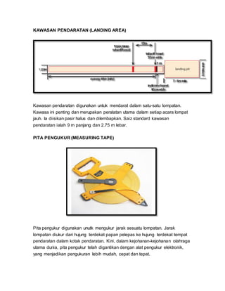 KAWASAN PENDARATAN (LANDING AREA)
Kawasan pendaratan digunakan untuk mendarat dalam satu-satu lompatan.
Kawasa ini penting dan merupakan peralatan utama dalam setiap acara lompat
jauh. Ia diisikan pasir halus dan dilembapkan. Saiz standard kawasan
pendaratan ialah 9 m panjang dan 2.75 m lebar.
PITA PENGUKUR (MEASURING TAPE)
Pita pengukur digunakan unutk mengukur jarak sesuatu lompatan. Jarak
lompatan diukur dari hujung terdekat papan pelepas ke hujung terdekat tempat
pendaratan dalam kotak pendaratan. Kini, dalam kejohanan-kejohanan olahraga
utama dunia, pita pengukur telah digantikan dengan alat pengukur elektronik,
yang menjadikan pengukuran lebih mudah, cepat dan tepat.
 