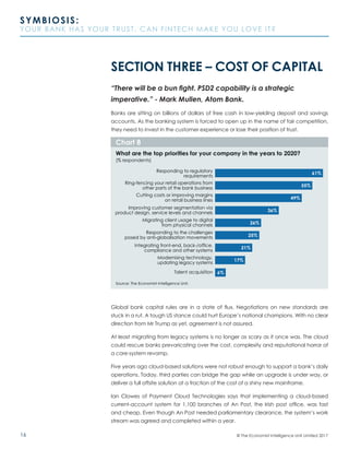 16
SYMBIOSIS:
YOUR BANK HAS YOUR TRUST. CAN FINTECH MAKE YOU LOVE IT?
© The Economist Intelligence Unit Limited 2017
SECTION THREE – COST OF CAPITAL
“There will be a bun fight. PSD2 capability is a strategic
imperative.” - Mark Mullen, Atom Bank.
Banks are sitting on billions of dollars of free cash in low-yielding deposit and savings
accounts. As the banking system is forced to open up in the name of fair competition,
they need to invest in the customer experience or lose their position of trust.
Global bank capital rules are in a state of flux. Negotiations on new standards are
stuck in a rut. A tough US stance could hurt Europe’s national champions. With no clear
direction from Mr Trump as yet, agreement is not assured.
At least migrating from legacy systems is no longer as scary as it once was. The cloud
could rescue banks prevaricating over the cost, complexity and reputational horror of
a core-system revamp.
Five years ago cloud-based solutions were not robust enough to support a bank’s daily
operations. Today, third parties can bridge the gap while an upgrade is under way, or
deliver a full offsite solution at a fraction of the cost of a shiny new mainframe.
Ian Clowes of Payment Cloud Technologies says that implementing a cloud-based
current-account system for 1,100 branches of An Post, the Irish post office, was fast
and cheap. Even though An Post needed parliamentary clearance, the system’s work
stream was agreed and completed within a year.
Source: The Economist Intelligence Unit.
What are the top priorities for your company in the years to 2020?
(% respondents)
Chart 8
Cutting costs or improving margins
on retail business lines
Improving customer segmentation via
product design, service levels and channels
Migrating client usage to digital
from physical channels
Modernising technology,
updating legacy systems
Ring-fencing your retail operations from
other parts of the bank business
Responding to regulatory
requirements
Responding to the challenges
posed by anti-globalisation movements
Integrating front-end, back-/office,
compliance and other systems
Talent acquisition
61%
55%
49%
36%
25%
21%
17%
6%
26%
 