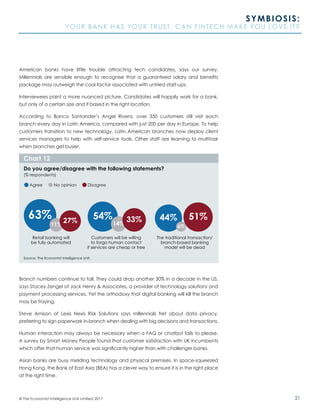 21© The Economist Intelligence Unit Limited 2017
SYMBIOSIS:
YOUR BANK HAS YOUR TRUST. CAN FINTECH MAKE YOU LOVE IT?
American banks have little trouble attracting tech candidates, says our survey.
Millennials are sensible enough to recognise that a guaranteed salary and benefits
package may outweigh the cool-factor associated with untried start-ups.
Interviewees paint a more nuanced picture. Candidates will happily work for a bank,
but only of a certain size and if based in the right location.
According to Banco Santander’s Angel Rivera, over 350 customers still visit each
branch every day in Latin America, compared with just 200 per day in Europe. To help
customers transition to new technology, Latin American branches now deploy client
services managers to help with self-service tools. Other staff are learning to multitask
when branches get busier.
Branch numbers continue to fall. They could drop another 30% in a decade in the US,
says Stacey Zengel of Jack Henry & Associates, a provider of technology solutions and
payment processing services. Yet the orthodoxy that digital banking will kill the branch
may be fraying.
Steve Arnison of Lexis Nexis Risk Solutions says millennials fret about data privacy,
preferring to sign paperwork in-branch when dealing with big decisions and transactions.
Human interaction may always be necessary when a FAQ or chatbot fails to please.
A survey by Smart Money People found that customer satisfaction with UK incumbents
which offer that human service was significantly higher than with challenger banks.
Asian banks are busy melding technology and physical premises. In space-squeezed
Hong Kong, the Bank of East Asia (BEA) has a clever way to ensure it is in the right place
at the right time.
Source: The Economist Intelligence Unit.
Do you agree/disagree with the following statements?
(% respondents)
Chart 12
Retail banking will
be fully automated
Customers will be willing
to forgo human contact
if services are cheap or free
The traditional transaction/
branch-based banking
model will be dead
Agree No opinion Disagree
44%
6%
51%54%
14%
33%63%
11%
27%
 
