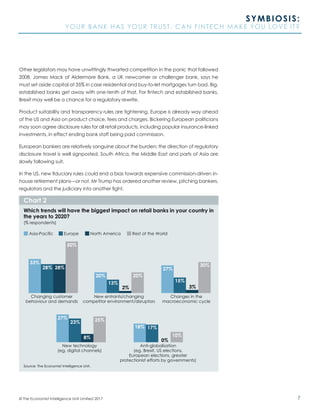 7© The Economist Intelligence Unit Limited 2017
SYMBIOSIS:
YOUR BANK HAS YOUR TRUST. CAN FINTECH MAKE YOU LOVE IT?
Other legislators may have unwittingly thwarted competition in the panic that followed
2008. James Mack of Aldermore Bank, a UK newcomer or challenger bank, says he
must set aside capital at 35% in case residential and buy-to-let mortgages turn bad. Big,
established banks get away with one-tenth of that. For fintech and established banks,
Brexit may well be a chance for a regulatory rewrite.
Product suitability and transparency rules are tightening. Europe is already way ahead
of the US and Asia on product choice, fees and charges. Bickering European politicians
may soon agree disclosure rules for all retail products, including popular insurance-linked
investments, in effect ending bank staff being paid commission.
European bankers are relatively sanguine about the burden; the direction of regulatory
disclosure travel is well signposted. South Africa, the Middle East and parts of Asia are
slowly following suit.
In the US, new fiduciary rules could end a bias towards expensive commission-driven in-
house retirement plans—or not. Mr Trump has ordered another review, pitching bankers,
regulators and the judiciary into another fight.
Source: The Economist Intelligence Unit.
Which trends will have the biggest impact on retail banks in your country in
the years to 2020?
(% respondents)
Chart 2
Changing customer
behaviour and demands
New entrants/changing
competitor environment/disruptors
Changes in the
macroeconomic cycle
Asia-Pacific Rest of the WorldNorth AmericaEurope
20%
27%
3%
0%
15%
30%
2%
13%
20%
50%
33%
28% 28%
New technology
(eg, digital channels)
Anti-globalisation
(eg, Brexit, US elections,
European elections, greater
protectionist efforts by governments)
18% 17%
10%
25%27%
8%
23%
 