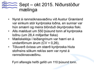 Sept – okt 2015. Niðurstöður
mælinga
• Nyrst á rannsóknasvæðinu við Austur Grænland
var einkum stór kynþroska loðna, en sunnar var
hún smærri og meira blönduð ókynþroska fiski.
• Alls mældust um 550 þúsund tonn af kynþroska
loðnu (um 28,4 milljarðar fiska)
• Mæliskekkja í leiðangrinum var hærri en á
undanförnum árum (CV = 0,26),
• Töluverð óvissa um stærð kynþroska hluta
stofnsins sökum rekíss sem var nyrst á
rannsóknasvæðinu.
Fyrri aflaregla hefði gefið um 110 þúsund tonn.
 