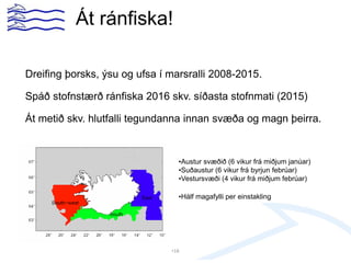Át ránfiska!
Dreifing þorsks, ýsu og ufsa í marsralli 2008-2015.
Spáð stofnstærð ránfiska 2016 skv. síðasta stofnmati (2015)
Át metið skv. hlutfalli tegundanna innan svæða og magn þeirra.
•18
•Austur svæðið (6 vikur frá miðjum janúar)
•Suðaustur (6 vikur frá byrjun febrúar)
•Vestursvæði (4 vikur frá miðjum febrúar)
•Hálf magafylli per einstakling
 