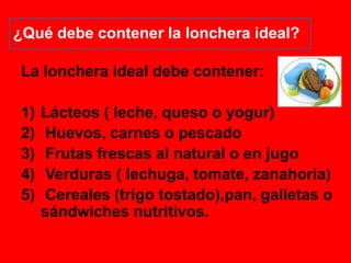 ¿Qué debe contener la lonchera ideal??
La lonchera ideal debe contener:
1) Lácteos ( leche, queso o yogur)
2) Huevos, carnes o pescado
3) Frutas frescas al natural o en jugo
4) Verduras ( lechuga, tomate, zanahoria)
5) Cereales (trigo tostado),pan, galletas o
sándwiches nutritivos.
 