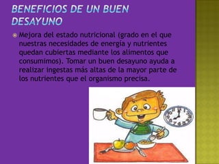 Beneficios de un buen desayunoMejora del estado nutricional (grado en el que nuestras necesidades de energía y nutrientes quedan cubiertas mediante los alimentos que consumimos). Tomar un buen desayuno ayuda a realizar ingestas más altas de la mayor parte de los nutrientes que el organismo precisa. 