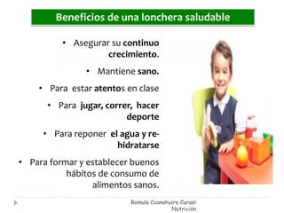 • Asegurar su continuo
crecimiento.
• Mantiene sano.
• Para estar atentos en clase
• Para jugar, correr, hacer
deporte
• Para reponer el agua y re-
hidratarse
• Para formar y establecer buenos
hábitos de consumo de
alimentos sanos.
Beneficios de una lonchera saludable
Romulo Ccanahuire Curasi
Nutrición
 