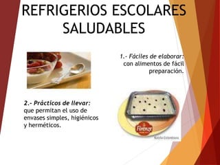REFRIGERIOS ESCOLARES
SALUDABLES
1.- Fáciles de elaborar:
con alimentos de fácil
preparación.
2.- Prácticos de llevar:
que permitan el uso de
envases simples, higiénicos
y herméticos.
 