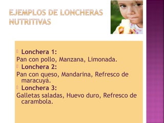  Lonchera 1: 
Pan con pollo, Manzana, Limonada. 
 Lonchera 2: 
Pan con queso, Mandarina, Refresco de 
maracuyá. 
 Lonchera 3: 
Galletas saladas, Huevo duro, Refresco de 
carambola. 
 