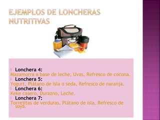  Lonchera 4: 
Mazamorra a base de leche, Uvas, Refresco de cocona. 
 Lonchera 5: 
Yogurt, Plátano de isla o seda, Refresco de naranja. 
 Lonchera 6: 
Keke casero, Durazno, Leche. 
 Lonchera 7: 
Torrejitas de verduras, Plátano de isla, Refresco de 
soya. 
 