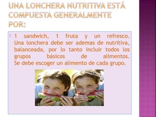  1 sandwich, 1 fruta y un refresco. 
Una lonchera debe ser ademas de nutritiva, 
balanceada, por lo tanto incluir todos los 
grupos básicos de alimentos. 
Se debe escoger un alimento de cada grupo. 
 
