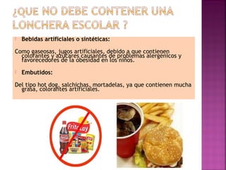  Bebidas artificiales o sintéticas: 
Como gaseosas, jugos artificiales, debido a que contienen 
colorantes y azúcares causantes de problemas alergénicos y 
favorecedores de la obesidad en los niños. 
 Embutidos: 
Del tipo hot dog, salchichas, mortadelas, ya que contienen mucha 
grasa, colorantes artificiales. 
 