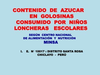 CONTENIDO DE AZUCAR 
EN GOLOSINAS 
CONSUMIDO POR NIÑOS 
LONCHERAS ESCOLARES 
SEGÚN CENTRO NACIONAL 
DE ALIMENTACIÓN Y NUTRICIÓN 
MINSA 
I. E. N° 10017 : DISTRITO SANTA ROSA 
CHICLAYO - PERÚ 
 