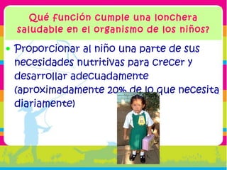 Qué función cumple una lonchera saludable en el organismo de los niños? <ul><li>Proporcionar al niño una parte de sus nece...