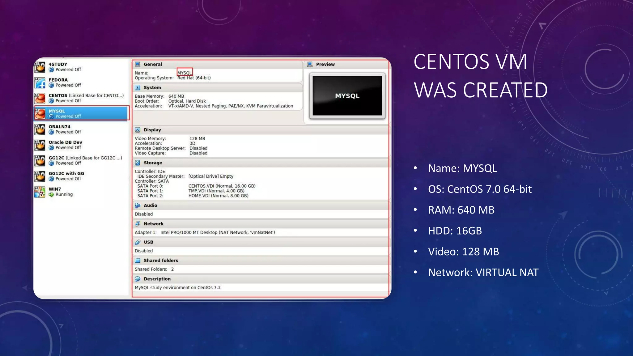 CENTOS VM
WAS CREATED
• Name: MYSQL
• OS: CentOS 7.0 64-bit
• RAM: 640 MB
• HDD: 16GB
• Video: 128 MB
• Network: VIRTUAL NAT
 