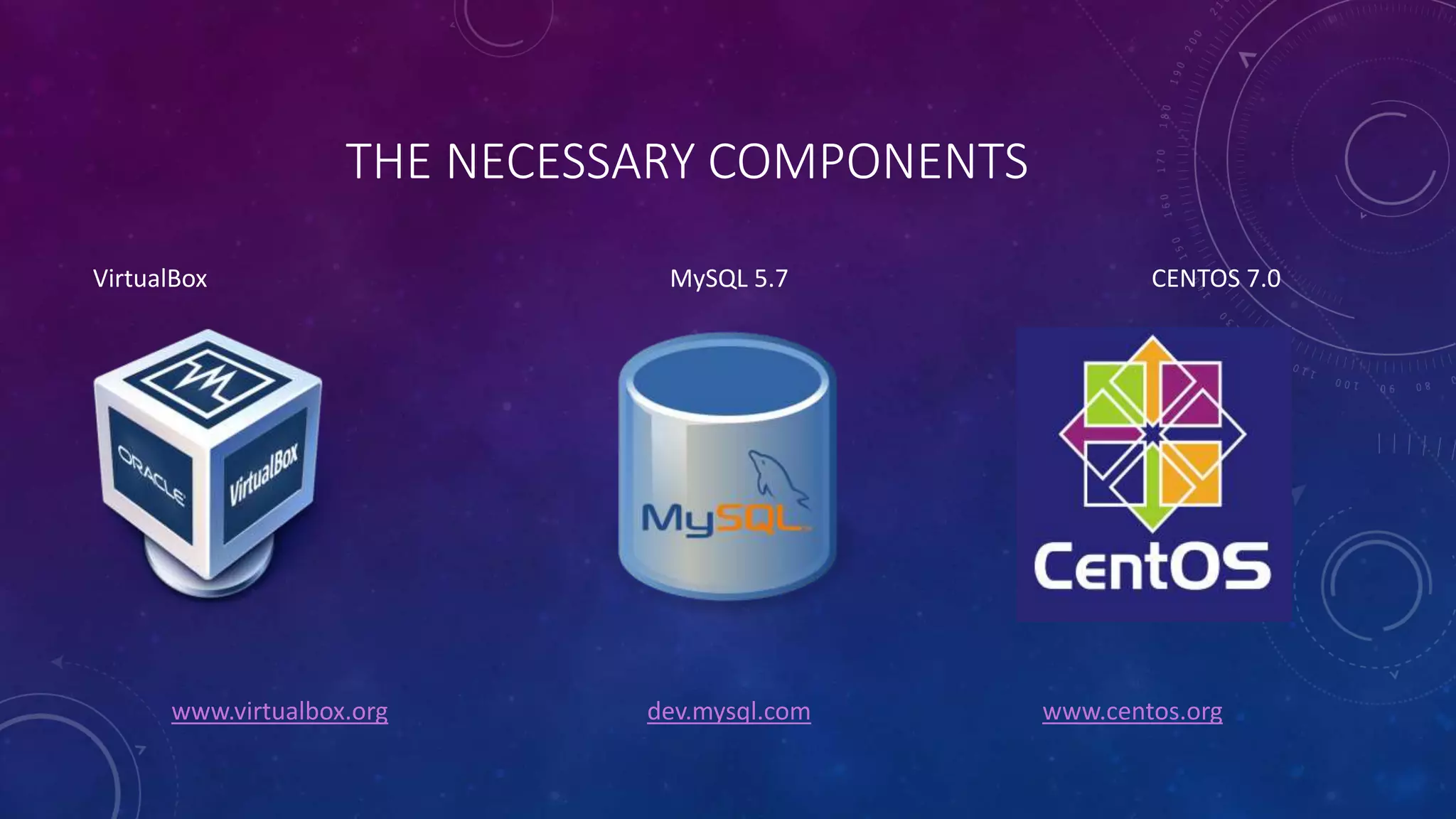 THE NECESSARY COMPONENTS
VirtualBox MySQL 5.7 CENTOS 7.0
www.virtualbox.org dev.mysql.com www.centos.org
 
