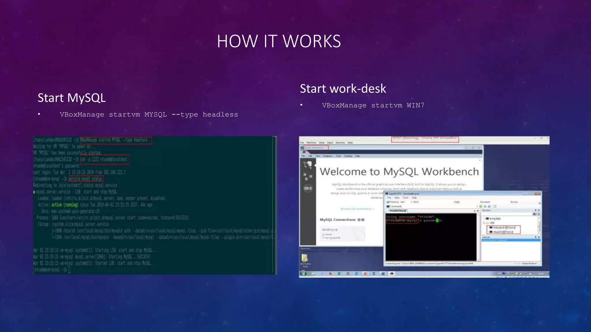 HOW IT WORKS
Start MySQL
• VBoxManage startvm MYSQL --type headless
Start work-desk
• VBoxManage startvm WIN7
 