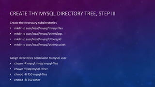 CREATE THY MYSQL DIRECTORY TREE, STEP III
Assign directories permission to mysql user
• chown -R mysql:mysql mysql-files
• chown mysql:mysql other
• chmod -R 750 mysql-files
• chmod -R 750 other
Create the necessary subdirectories
• mkdir -p /usr/local/mysql/mysql-files
• mkdir -p /usr/local/mysql/other/logs
• mkdir -p /usr/local/mysql/other/pid
• mkdir -p /usr/local/mysql/other/socket
 