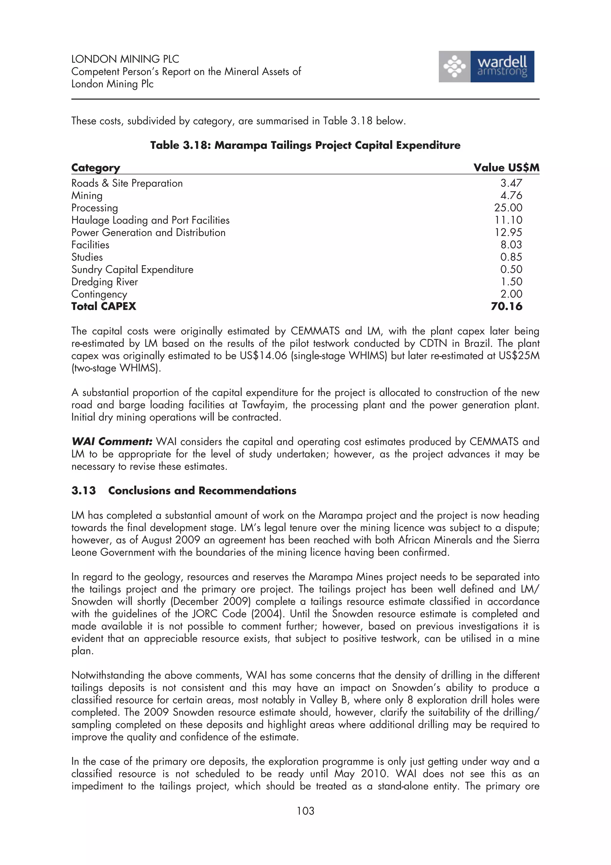 LONDON MINING PLC
Competent Person’s Report on the Mineral Assets of
London Mining Plc


These costs, subdivided by category, are summarised in Table 3.18 below.

                  Table 3.18: Marampa Tailings Project Capital Expenditure

Category                                                                                   Value US$M
Roads & Site Preparation                                                                       3.47
Mining                                                                                         4.76
Processing                                                                                    25.00
Haulage Loading and Port Facilities                                                           11.10
Power Generation and Distribution                                                             12.95
Facilities                                                                                     8.03
Studies                                                                                        0.85
Sundry Capital Expenditure                                                                     0.50
Dredging River                                                                                 1.50
Contingency                                                                                    2.00
Total CAPEX                                                                                   70.16

The capital costs were originally estimated by CEMMATS and LM, with the plant capex later being
re-estimated by LM based on the results of the pilot testwork conducted by CDTN in Brazil. The plant
capex was originally estimated to be US$14.06 (single-stage WHIMS) but later re-estimated at US$25M
(two-stage WHIMS).

A substantial proportion of the capital expenditure for the project is allocated to construction of the new
road and barge loading facilities at Tawfayim, the processing plant and the power generation plant.
Initial dry mining operations will be contracted.

WAI Comment: WAI considers the capital and operating cost estimates produced by CEMMATS and
LM to be appropriate for the level of study undertaken; however, as the project advances it may be
necessary to revise these estimates.

3.13    Conclusions and Recommendations

LM has completed a substantial amount of work on the Marampa project and the project is now heading
towards the final development stage. LM’s legal tenure over the mining licence was subject to a dispute;
however, as of August 2009 an agreement has been reached with both African Minerals and the Sierra
Leone Government with the boundaries of the mining licence having been confirmed.

In regard to the geology, resources and reserves the Marampa Mines project needs to be separated into
the tailings project and the primary ore project. The tailings project has been well defined and LM/
Snowden will shortly (December 2009) complete a tailings resource estimate classified in accordance
with the guidelines of the JORC Code (2004). Until the Snowden resource estimate is completed and
made available it is not possible to comment further; however, based on previous investigations it is
evident that an appreciable resource exists, that subject to positive testwork, can be utilised in a mine
plan.

Notwithstanding the above comments, WAI has some concerns that the density of drilling in the different
tailings deposits is not consistent and this may have an impact on Snowden’s ability to produce a
classified resource for certain areas, most notably in Valley B, where only 8 exploration drill holes were
completed. The 2009 Snowden resource estimate should, however, clarify the suitability of the drilling/
sampling completed on these deposits and highlight areas where additional drilling may be required to
improve the quality and confidence of the estimate.

In the case of the primary ore deposits, the exploration programme is only just getting under way and a
classified resource is not scheduled to be ready until May 2010. WAI does not see this as an
impediment to the tailings project, which should be treated as a stand-alone entity. The primary ore

                                                   103
 