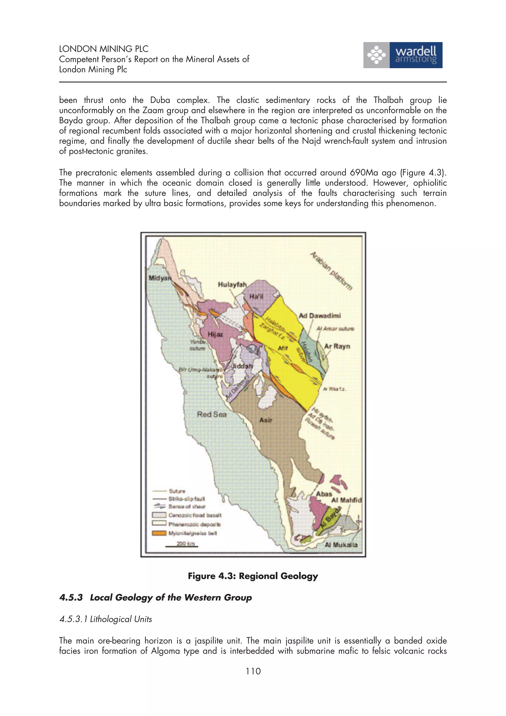 LONDON MINING PLC
Competent Person’s Report on the Mineral Assets of
London Mining Plc


been thrust onto the Duba complex. The clastic sedimentary rocks of the Thalbah group lie
unconformably on the Zaam group and elsewhere in the region are interpreted as unconformable on the
Bayda group. After deposition of the Thalbah group came a tectonic phase characterised by formation
of regional recumbent folds associated with a major horizontal shortening and crustal thickening tectonic
regime, and finally the development of ductile shear belts of the Najd wrench-fault system and intrusion
of post-tectonic granites.

The precratonic elements assembled during a collision that occurred around 690Ma ago (Figure 4.3).
The manner in which the oceanic domain closed is generally little understood. However, ophiolitic
formations mark the suture lines, and detailed analysis of the faults characterising such terrain
boundaries marked by ultra basic formations, provides some keys for understanding this phenomenon.




                                  Figure 4.3: Regional Geology

4.5.3 Local Geology of the Western Group

4.5.3.1 Lithological Units

The main ore-bearing horizon is a jaspilite unit. The main jaspilite unit is essentially a banded oxide
facies iron formation of Algoma type and is interbedded with submarine mafic to felsic volcanic rocks

                                                  110
 
