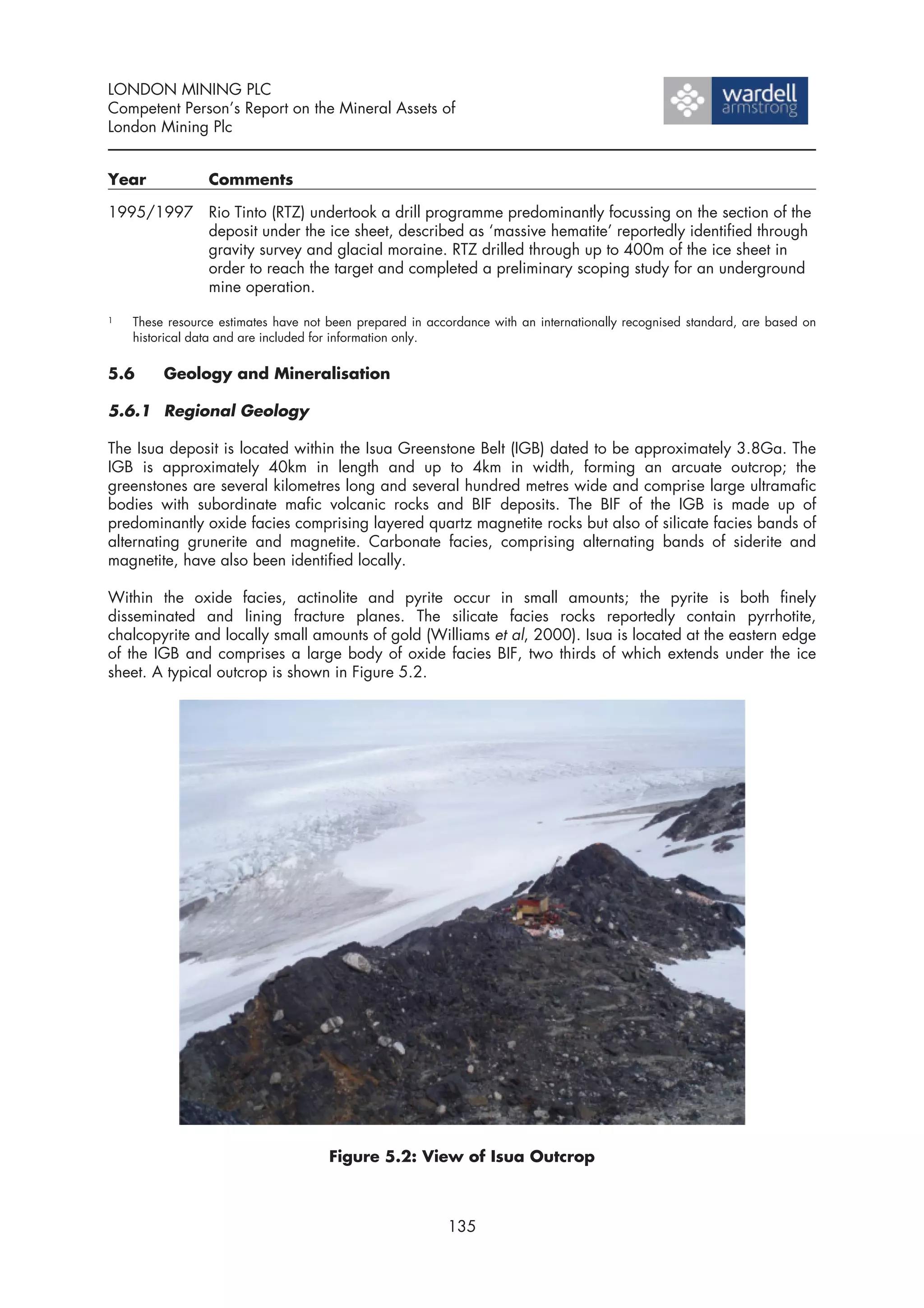 LONDON MINING PLC
Competent Person’s Report on the Mineral Assets of
London Mining Plc


Year             Comments

1995/1997 Rio Tinto (RTZ) undertook a drill programme predominantly focussing on the section of the
          deposit under the ice sheet, described as ‘massive hematite’ reportedly identified through
          gravity survey and glacial moraine. RTZ drilled through up to 400m of the ice sheet in
          order to reach the target and completed a preliminary scoping study for an underground
          mine operation.

1   These resource estimates have not been prepared in accordance with an internationally recognised standard, are based on
    historical data and are included for information only.


5.6      Geology and Mineralisation

5.6.1 Regional Geology

The Isua deposit is located within the Isua Greenstone Belt (IGB) dated to be approximately 3.8Ga. The
IGB is approximately 40km in length and up to 4km in width, forming an arcuate outcrop; the
greenstones are several kilometres long and several hundred metres wide and comprise large ultramafic
bodies with subordinate mafic volcanic rocks and BIF deposits. The BIF of the IGB is made up of
predominantly oxide facies comprising layered quartz magnetite rocks but also of silicate facies bands of
alternating grunerite and magnetite. Carbonate facies, comprising alternating bands of siderite and
magnetite, have also been identified locally.

Within the oxide facies, actinolite and pyrite occur in small amounts; the pyrite is both finely
disseminated and lining fracture planes. The silicate facies rocks reportedly contain pyrrhotite,
chalcopyrite and locally small amounts of gold (Williams et al, 2000). Isua is located at the eastern edge
of the IGB and comprises a large body of oxide facies BIF, two thirds of which extends under the ice
sheet. A typical outcrop is shown in Figure 5.2.




                                      Figure 5.2: View of Isua Outcrop



                                                          135
 