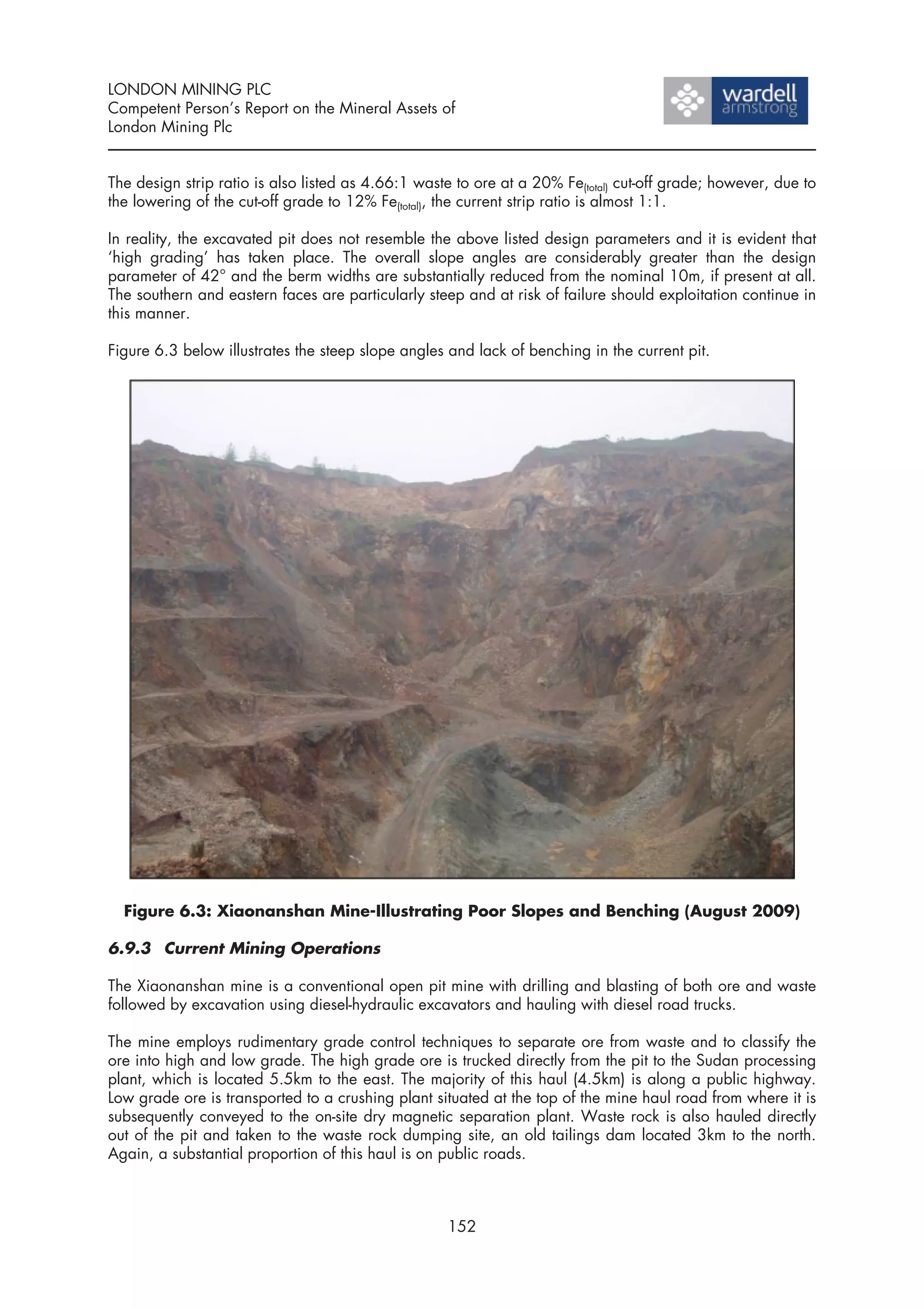 LONDON MINING PLC
Competent Person’s Report on the Mineral Assets of
London Mining Plc


The design strip ratio is also listed as 4.66:1 waste to ore at a 20% Fe(total) cut-off grade; however, due to
the lowering of the cut-off grade to 12% Fe(total), the current strip ratio is almost 1:1.

In reality, the excavated pit does not resemble the above listed design parameters and it is evident that
‘high grading’ has taken place. The overall slope angles are considerably greater than the design
parameter of 42° and the berm widths are substantially reduced from the nominal 10m, if present at all.
The southern and eastern faces are particularly steep and at risk of failure should exploitation continue in
this manner.

Figure 6.3 below illustrates the steep slope angles and lack of benching in the current pit.




  Figure 6.3: Xiaonanshan Mine-Illustrating Poor Slopes and Benching (August 2009)

6.9.3 Current Mining Operations

The Xiaonanshan mine is a conventional open pit mine with drilling and blasting of both ore and waste
followed by excavation using diesel-hydraulic excavators and hauling with diesel road trucks.

The mine employs rudimentary grade control techniques to separate ore from waste and to classify the
ore into high and low grade. The high grade ore is trucked directly from the pit to the Sudan processing
plant, which is located 5.5km to the east. The majority of this haul (4.5km) is along a public highway.
Low grade ore is transported to a crushing plant situated at the top of the mine haul road from where it is
subsequently conveyed to the on-site dry magnetic separation plant. Waste rock is also hauled directly
out of the pit and taken to the waste rock dumping site, an old tailings dam located 3km to the north.
Again, a substantial proportion of this haul is on public roads.



                                                    152
 