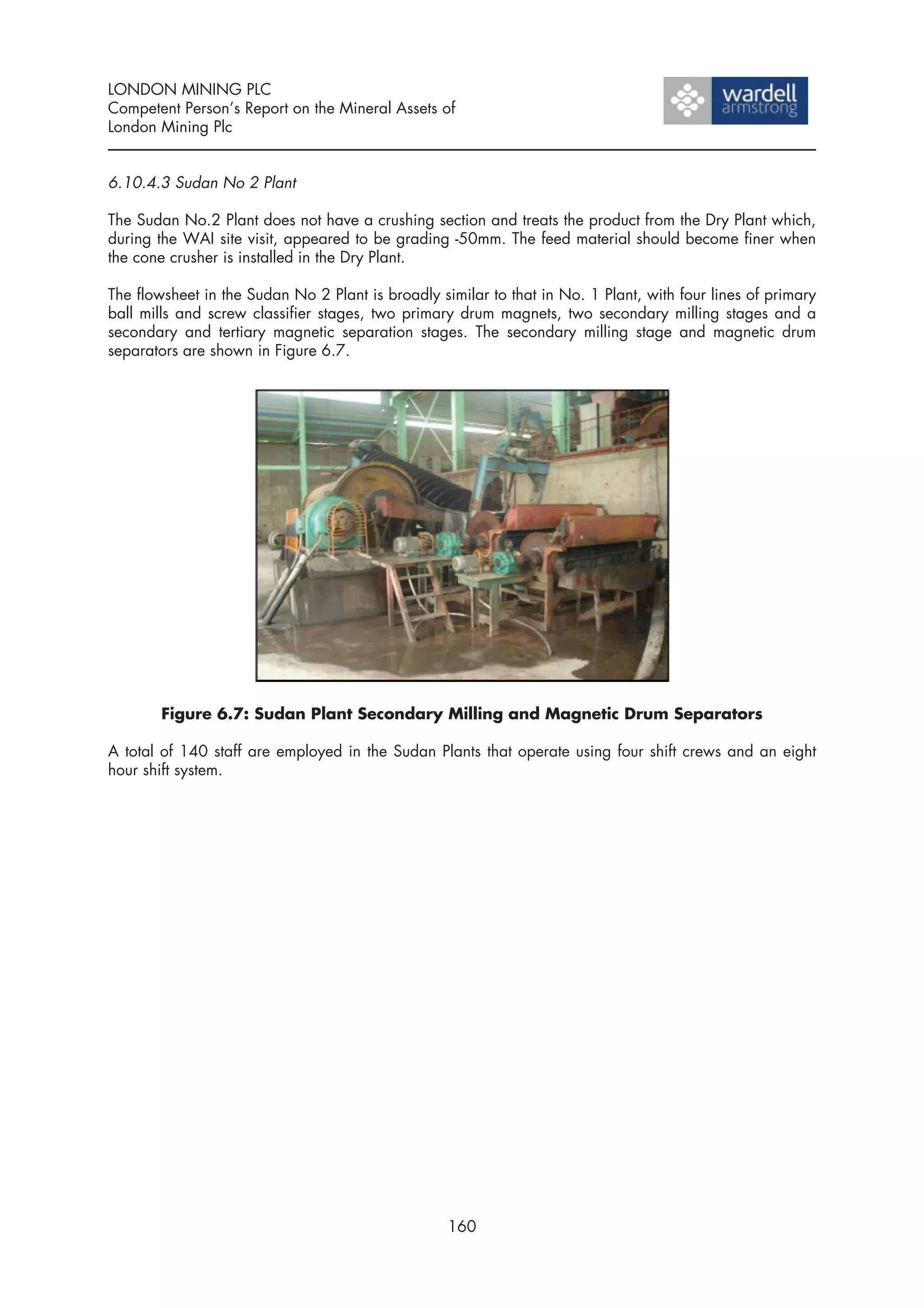 LONDON MINING PLC
Competent Person’s Report on the Mineral Assets of
London Mining Plc


6.10.4.3 Sudan No 2 Plant

The Sudan No.2 Plant does not have a crushing section and treats the product from the Dry Plant which,
during the WAI site visit, appeared to be grading -50mm. The feed material should become finer when
the cone crusher is installed in the Dry Plant.

The flowsheet in the Sudan No 2 Plant is broadly similar to that in No. 1 Plant, with four lines of primary
ball mills and screw classifier stages, two primary drum magnets, two secondary milling stages and a
secondary and tertiary magnetic separation stages. The secondary milling stage and magnetic drum
separators are shown in Figure 6.7.




        Figure 6.7: Sudan Plant Secondary Milling and Magnetic Drum Separators

A total of 140 staff are employed in the Sudan Plants that operate using four shift crews and an eight
hour shift system.




                                                   160
 