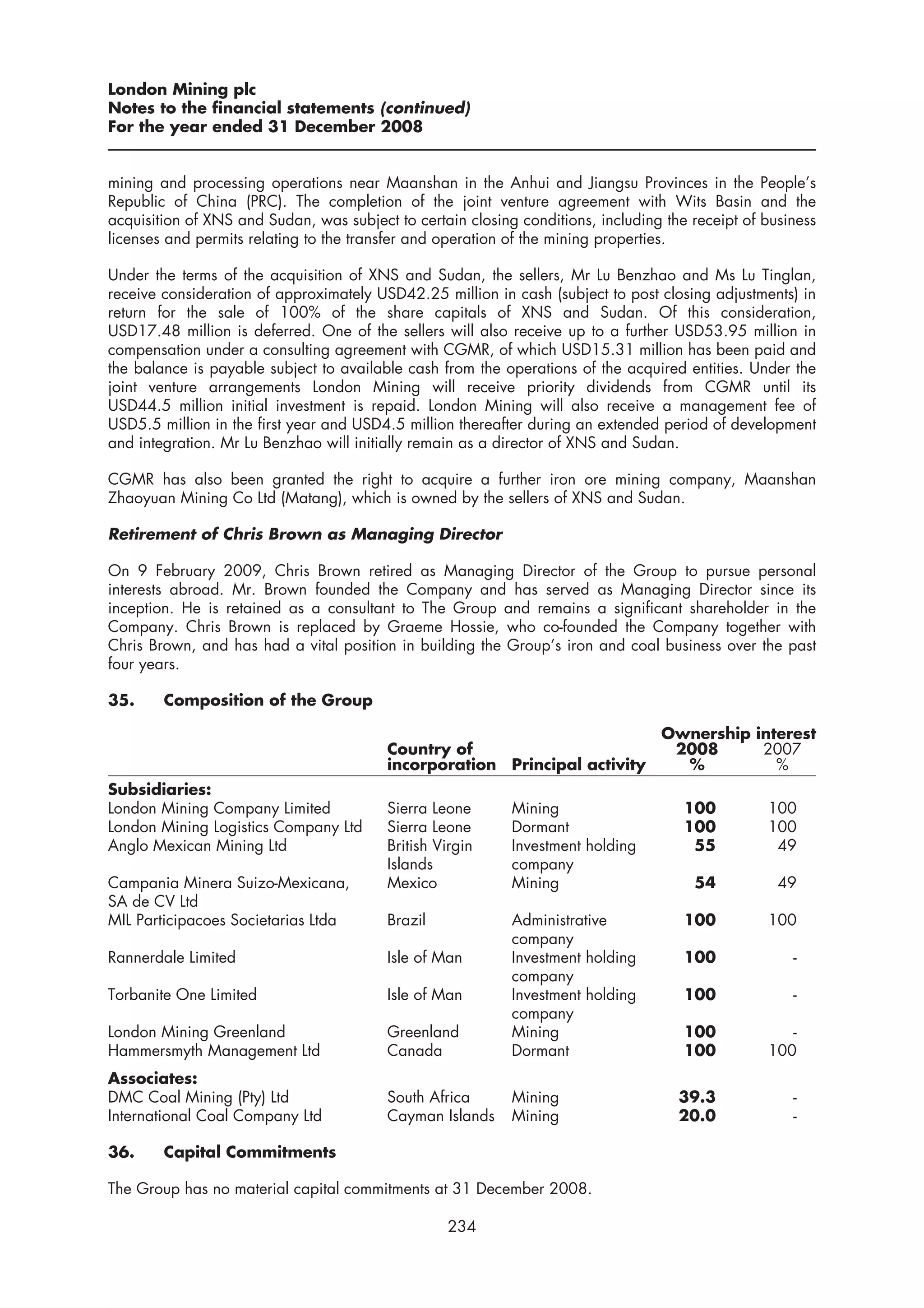 London Mining plc
Notes to the financial statements (continued)
For the year ended 31 December 2008


mining and processing operations near Maanshan in the Anhui and Jiangsu Provinces in the People’s
Republic of China (PRC). The completion of the joint venture agreement with Wits Basin and the
acquisition of XNS and Sudan, was subject to certain closing conditions, including the receipt of business
licenses and permits relating to the transfer and operation of the mining properties.

Under the terms of the acquisition of XNS and Sudan, the sellers, Mr Lu Benzhao and Ms Lu Tinglan,
receive consideration of approximately USD42.25 million in cash (subject to post closing adjustments) in
return for the sale of 100% of the share capitals of XNS and Sudan. Of this consideration,
USD17.48 million is deferred. One of the sellers will also receive up to a further USD53.95 million in
compensation under a consulting agreement with CGMR, of which USD15.31 million has been paid and
the balance is payable subject to available cash from the operations of the acquired entities. Under the
joint venture arrangements London Mining will receive priority dividends from CGMR until its
USD44.5 million initial investment is repaid. London Mining will also receive a management fee of
USD5.5 million in the first year and USD4.5 million thereafter during an extended period of development
and integration. Mr Lu Benzhao will initially remain as a director of XNS and Sudan.

CGMR has also been granted the right to acquire a further iron ore mining company, Maanshan
Zhaoyuan Mining Co Ltd (Matang), which is owned by the sellers of XNS and Sudan.

Retirement of Chris Brown as Managing Director

On 9 February 2009, Chris Brown retired as Managing Director of the Group to pursue personal
interests abroad. Mr. Brown founded the Company and has served as Managing Director since its
inception. He is retained as a consultant to The Group and remains a significant shareholder in the
Company. Chris Brown is replaced by Graeme Hossie, who co-founded the Company together with
Chris Brown, and has had a vital position in building the Group’s iron and coal business over the past
four years.

35.     Composition of the Group

                                                                                  Ownership interest
                                         Country of                                2008      2007
                                         incorporation Principal activity           %          %
Subsidiaries:
London Mining Company Limited            Sierra Leone       Mining                    100         100
London Mining Logistics Company Ltd      Sierra Leone       Dormant                   100         100
Anglo Mexican Mining Ltd                 British Virgin     Investment holding         55          49
                                         Islands            company
Campania Minera Suizo-Mexicana,          Mexico             Mining                     54           49
SA de CV Ltd
MIL Participacoes Societarias Ltda       Brazil             Administrative            100         100
                                                            company
Rannerdale Limited                       Isle of Man        Investment holding        100             -
                                                            company
Torbanite One Limited                    Isle of Man        Investment holding        100             -
                                                            company
London Mining Greenland                  Greenland          Mining                    100            -
Hammersmyth Management Ltd               Canada             Dormant                   100         100
Associates:
DMC Coal Mining (Pty) Ltd                South Africa       Mining                   39.3             -
International Coal Company Ltd           Cayman Islands     Mining                   20.0             -

36.     Capital Commitments

The Group has no material capital commitments at 31 December 2008.

                                                  234
 