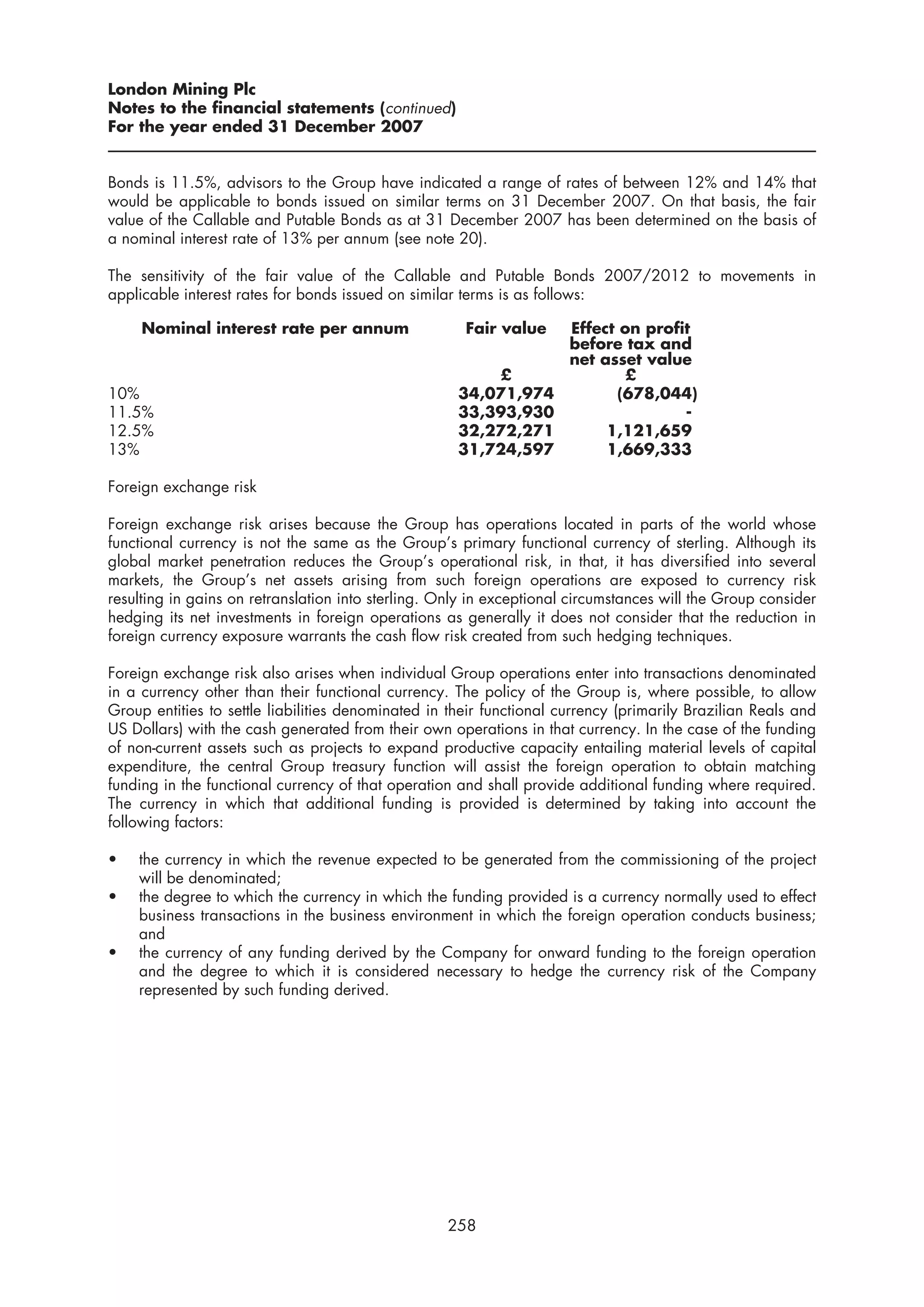 London Mining Plc
Notes to the financial statements (continued)
For the year ended 31 December 2007


Bonds is 11.5%, advisors to the Group have indicated a range of rates of between 12% and 14% that
would be applicable to bonds issued on similar terms on 31 December 2007. On that basis, the fair
value of the Callable and Putable Bonds as at 31 December 2007 has been determined on the basis of
a nominal interest rate of 13% per annum (see note 20).

The sensitivity of the fair value of the Callable and Putable Bonds 2007/2012 to movements in
applicable interest rates for bonds issued on similar terms is as follows:

     Nominal interest rate per annum                  Fair value      Effect on profit
                                                                      before tax and
                                                                      net asset value
                                                          £                   £
10%                                                  34,071,974              (678,044)
11.5%                                                33,393,930                      -
12.5%                                                32,272,271            1,121,659
13%                                                  31,724,597            1,669,333

Foreign exchange risk

Foreign exchange risk arises because the Group has operations located in parts of the world whose
functional currency is not the same as the Group’s primary functional currency of sterling. Although its
global market penetration reduces the Group’s operational risk, in that, it has diversified into several
markets, the Group’s net assets arising from such foreign operations are exposed to currency risk
resulting in gains on retranslation into sterling. Only in exceptional circumstances will the Group consider
hedging its net investments in foreign operations as generally it does not consider that the reduction in
foreign currency exposure warrants the cash flow risk created from such hedging techniques.

Foreign exchange risk also arises when individual Group operations enter into transactions denominated
in a currency other than their functional currency. The policy of the Group is, where possible, to allow
Group entities to settle liabilities denominated in their functional currency (primarily Brazilian Reals and
US Dollars) with the cash generated from their own operations in that currency. In the case of the funding
of non-current assets such as projects to expand productive capacity entailing material levels of capital
expenditure, the central Group treasury function will assist the foreign operation to obtain matching
funding in the functional currency of that operation and shall provide additional funding where required.
The currency in which that additional funding is provided is determined by taking into account the
following factors:

•   the currency in which the revenue expected to be generated from the commissioning of the project
    will be denominated;
•   the degree to which the currency in which the funding provided is a currency normally used to effect
    business transactions in the business environment in which the foreign operation conducts business;
    and
•   the currency of any funding derived by the Company for onward funding to the foreign operation
    and the degree to which it is considered necessary to hedge the currency risk of the Company
    represented by such funding derived.




                                                   258
 