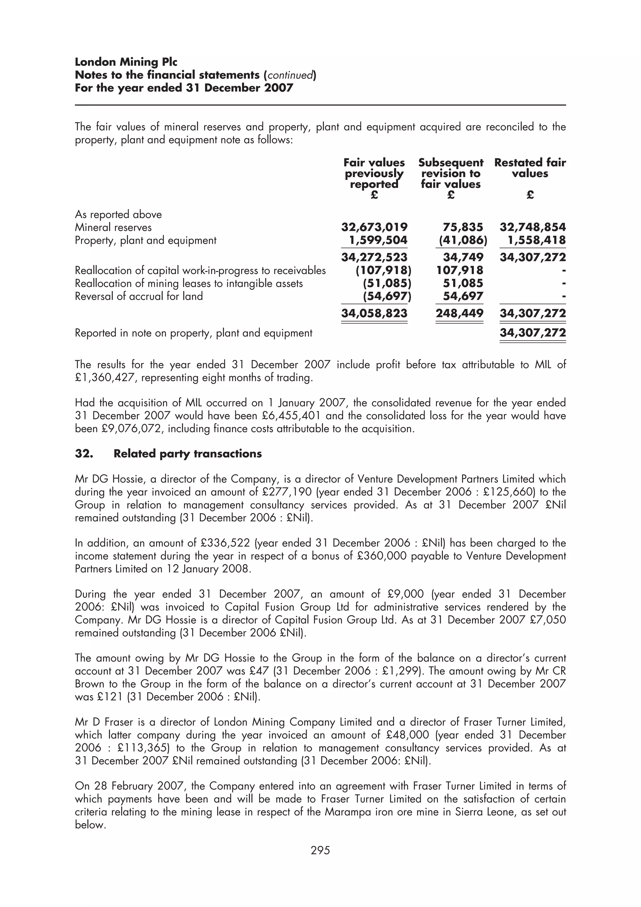 London Mining Plc
Notes to the financial statements (continued)
For the year ended 31 December 2007


The fair values of mineral reserves and property, plant and equipment acquired are reconciled to the
property, plant and equipment note as follows:

                                                          Fair values    Subsequent Restated fair
                                                          previously     revision to   values
                                                           reported      fair values
                                                               £              £          £
As reported above
Mineral reserves                                          32,673,019          75,835      32,748,854
Property, plant and equipment                              1,599,504         (41,086)      1,558,418
                                                          34,272,523          34,749      34,307,272
Reallocation of capital work-in-progress to receivables     (107,918)        107,918               -
Reallocation of mining leases to intangible assets           (51,085)         51,085               -
Reversal of accrual for land                                 (54,697)         54,697               -
                                                          34,058,823         248,449      34,307,272
Reported in note on property, plant and equipment                                         34,307,272

The results for the year ended 31 December 2007 include profit before tax attributable to MIL of
£1,360,427, representing eight months of trading.

Had the acquisition of MIL occurred on 1 January 2007, the consolidated revenue for the year ended
31 December 2007 would have been £6,455,401 and the consolidated loss for the year would have
been £9,076,072, including finance costs attributable to the acquisition.

32.     Related party transactions

Mr DG Hossie, a director of the Company, is a director of Venture Development Partners Limited which
during the year invoiced an amount of £277,190 (year ended 31 December 2006 : £125,660) to the
Group in relation to management consultancy services provided. As at 31 December 2007 £Nil
remained outstanding (31 December 2006 : £Nil).

In addition, an amount of £336,522 (year ended 31 December 2006 : £Nil) has been charged to the
income statement during the year in respect of a bonus of £360,000 payable to Venture Development
Partners Limited on 12 January 2008.

During the year ended 31 December 2007, an amount of £9,000 (year ended 31 December
2006: £Nil) was invoiced to Capital Fusion Group Ltd for administrative services rendered by the
Company. Mr DG Hossie is a director of Capital Fusion Group Ltd. As at 31 December 2007 £7,050
remained outstanding (31 December 2006 £Nil).

The amount owing by Mr DG Hossie to the Group in the form of the balance on a director’s current
account at 31 December 2007 was £47 (31 December 2006 : £1,299). The amount owing by Mr CR
Brown to the Group in the form of the balance on a director’s current account at 31 December 2007
was £121 (31 December 2006 : £Nil).

Mr D Fraser is a director of London Mining Company Limited and a director of Fraser Turner Limited,
which latter company during the year invoiced an amount of £48,000 (year ended 31 December
2006 : £113,365) to the Group in relation to management consultancy services provided. As at
31 December 2007 £Nil remained outstanding (31 December 2006: £Nil).

On 28 February 2007, the Company entered into an agreement with Fraser Turner Limited in terms of
which payments have been and will be made to Fraser Turner Limited on the satisfaction of certain
criteria relating to the mining lease in respect of the Marampa iron ore mine in Sierra Leone, as set out
below.

                                                   295
 