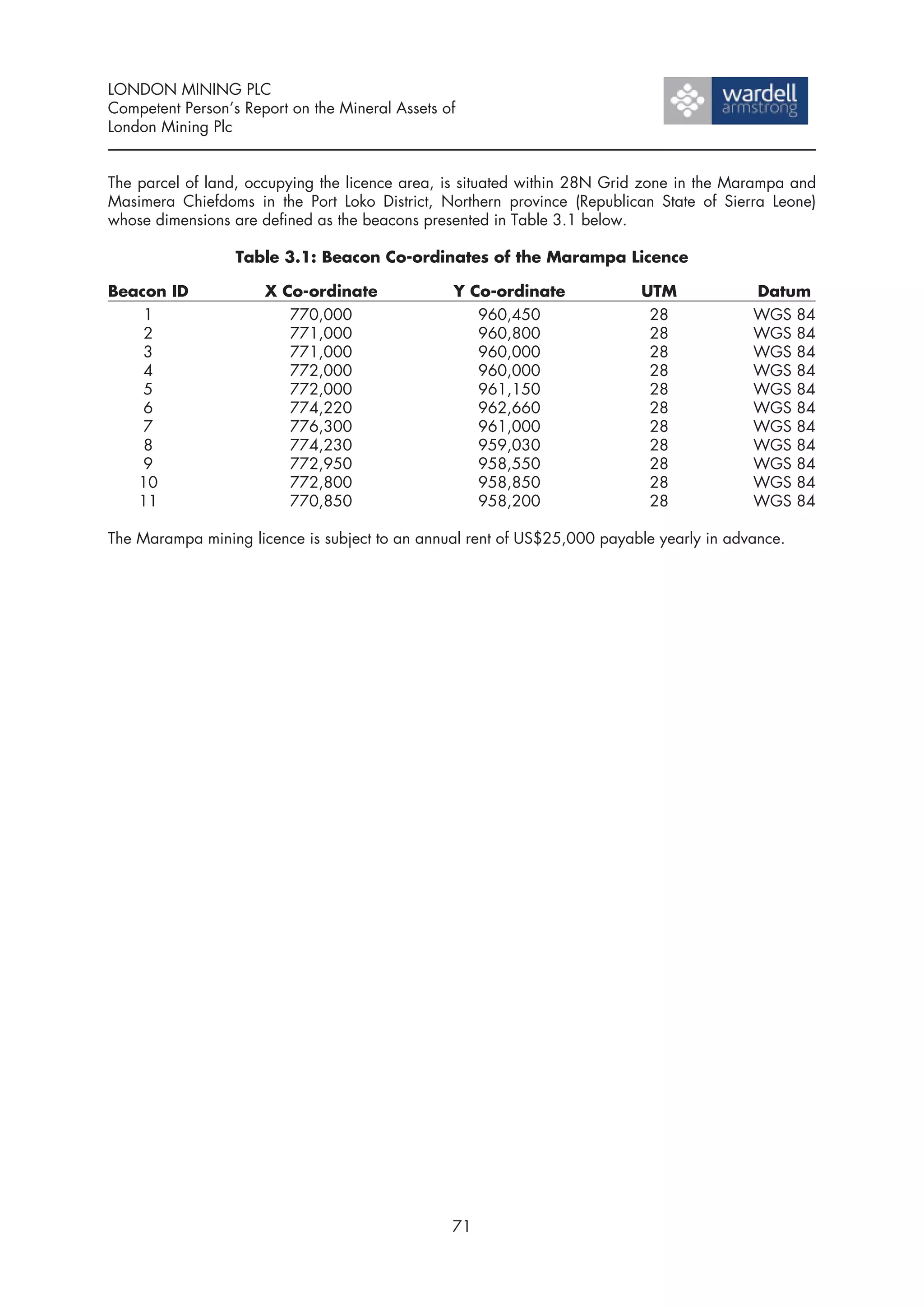LONDON MINING PLC
Competent Person’s Report on the Mineral Assets of
London Mining Plc


The parcel of land, occupying the licence area, is situated within 28N Grid zone in the Marampa and
Masimera Chiefdoms in the Port Loko District, Northern province (Republican State of Sierra Leone)
whose dimensions are defined as the beacons presented in Table 3.1 below.

                  Table 3.1: Beacon Co-ordinates of the Marampa Licence

Beacon ID             X Co-ordinate              Y Co-ordinate            UTM             Datum
    1                    770,000                    960,450                28             WGS 84
    2                    771,000                    960,800                28             WGS 84
    3                    771,000                    960,000                28             WGS 84
    4                    772,000                    960,000                28             WGS 84
    5                    772,000                    961,150                28             WGS 84
    6                    774,220                    962,660                28             WGS 84
    7                    776,300                    961,000                28             WGS 84
    8                    774,230                    959,030                28             WGS 84
    9                    772,950                    958,550                28             WGS 84
   10                    772,800                    958,850                28             WGS 84
   11                    770,850                    958,200                28             WGS 84

The Marampa mining licence is subject to an annual rent of US$25,000 payable yearly in advance.




                                                 71
 