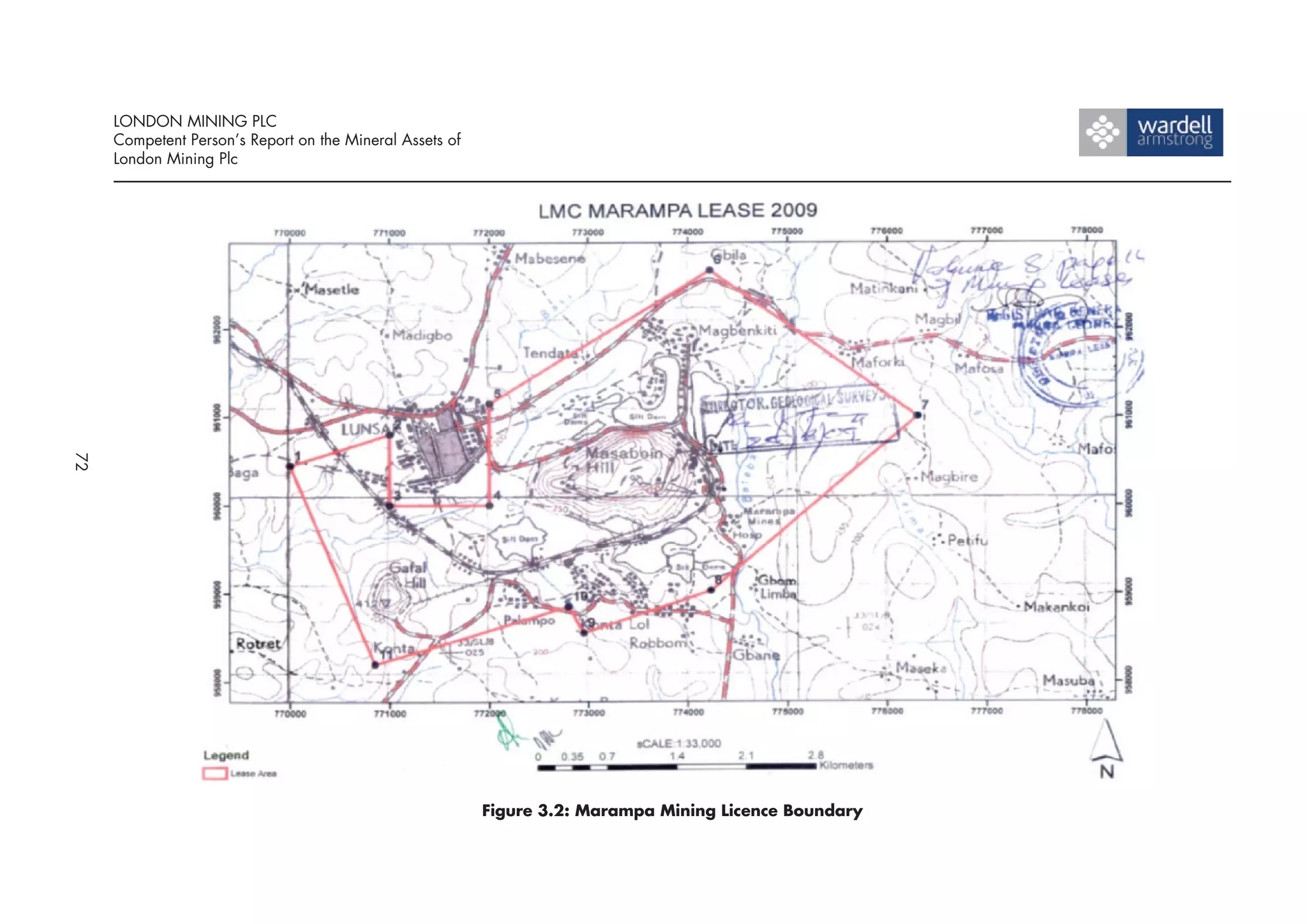 LONDON MINING PLC
     Competent Person’s Report on the Mineral Assets of
     London Mining Plc
72




                                                          Figure 3.2: Marampa Mining Licence Boundary
 