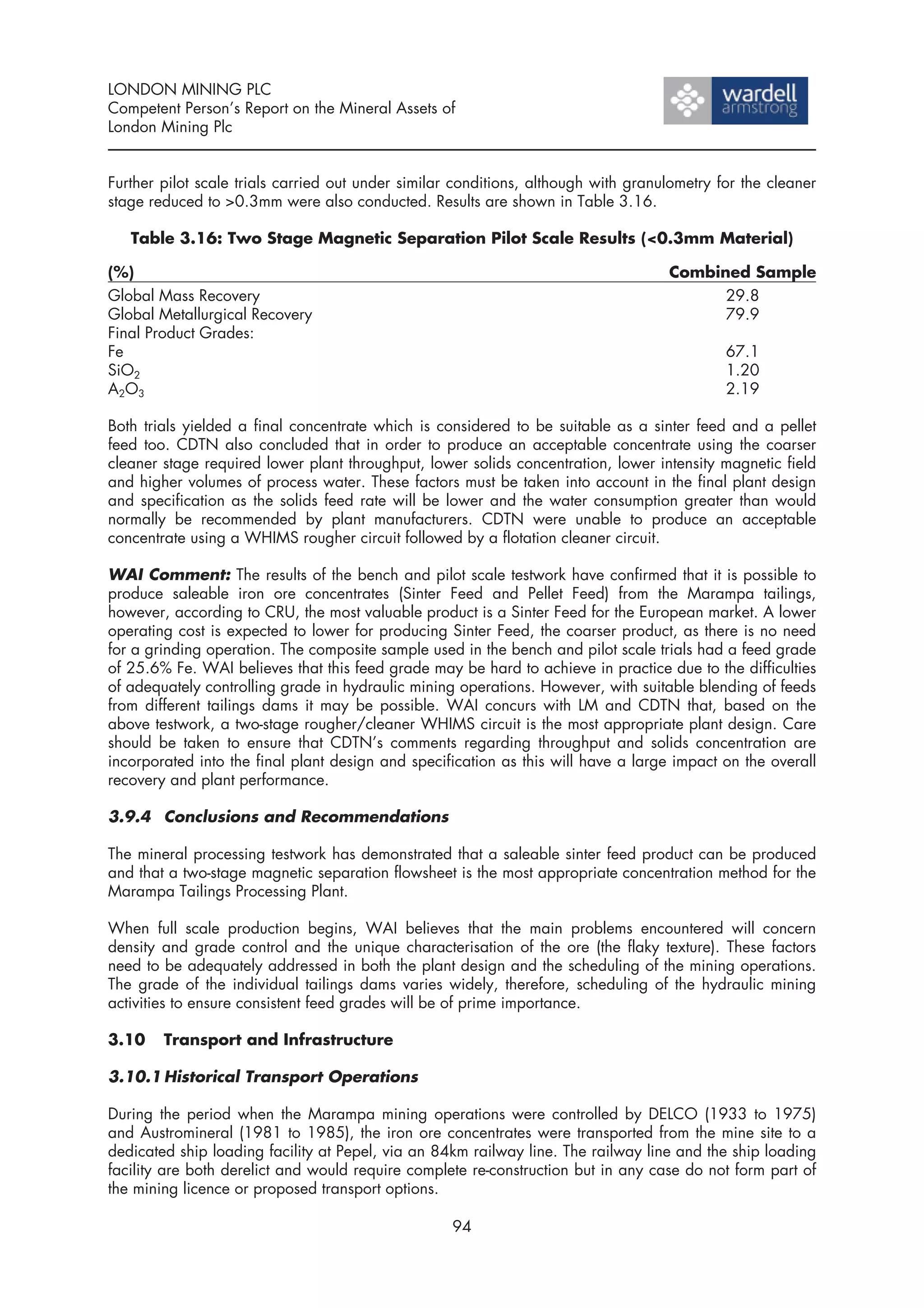 LONDON MINING PLC
Competent Person’s Report on the Mineral Assets of
London Mining Plc


Further pilot scale trials carried out under similar conditions, although with granulometry for the cleaner
stage reduced to >0.3mm were also conducted. Results are shown in Table 3.16.

   Table 3.16: Two Stage Magnetic Separation Pilot Scale Results (<0.3mm Material)

(%)                                                                                 Combined Sample
Global Mass Recovery                                                                      29.8
Global Metallurgical Recovery                                                             79.9
Final Product Grades:
Fe                                                                                           67.1
SiO2                                                                                         1.20
A2O3                                                                                         2.19

Both trials yielded a final concentrate which is considered to be suitable as a sinter feed and a pellet
feed too. CDTN also concluded that in order to produce an acceptable concentrate using the coarser
cleaner stage required lower plant throughput, lower solids concentration, lower intensity magnetic field
and higher volumes of process water. These factors must be taken into account in the final plant design
and specification as the solids feed rate will be lower and the water consumption greater than would
normally be recommended by plant manufacturers. CDTN were unable to produce an acceptable
concentrate using a WHIMS rougher circuit followed by a flotation cleaner circuit.

WAI Comment: The results of the bench and pilot scale testwork have confirmed that it is possible to
produce saleable iron ore concentrates (Sinter Feed and Pellet Feed) from the Marampa tailings,
however, according to CRU, the most valuable product is a Sinter Feed for the European market. A lower
operating cost is expected to lower for producing Sinter Feed, the coarser product, as there is no need
for a grinding operation. The composite sample used in the bench and pilot scale trials had a feed grade
of 25.6% Fe. WAI believes that this feed grade may be hard to achieve in practice due to the difficulties
of adequately controlling grade in hydraulic mining operations. However, with suitable blending of feeds
from different tailings dams it may be possible. WAI concurs with LM and CDTN that, based on the
above testwork, a two-stage rougher/cleaner WHIMS circuit is the most appropriate plant design. Care
should be taken to ensure that CDTN’s comments regarding throughput and solids concentration are
incorporated into the final plant design and specification as this will have a large impact on the overall
recovery and plant performance.

3.9.4 Conclusions and Recommendations

The mineral processing testwork has demonstrated that a saleable sinter feed product can be produced
and that a two-stage magnetic separation flowsheet is the most appropriate concentration method for the
Marampa Tailings Processing Plant.

When full scale production begins, WAI believes that the main problems encountered will concern
density and grade control and the unique characterisation of the ore (the flaky texture). These factors
need to be adequately addressed in both the plant design and the scheduling of the mining operations.
The grade of the individual tailings dams varies widely, therefore, scheduling of the hydraulic mining
activities to ensure consistent feed grades will be of prime importance.

3.10    Transport and Infrastructure

3.10.1 Historical Transport Operations

During the period when the Marampa mining operations were controlled by DELCO (1933 to 1975)
and Austromineral (1981 to 1985), the iron ore concentrates were transported from the mine site to a
dedicated ship loading facility at Pepel, via an 84km railway line. The railway line and the ship loading
facility are both derelict and would require complete re-construction but in any case do not form part of
the mining licence or proposed transport options.

                                                    94
 