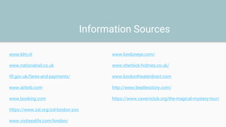 Information Sources
www.klm.nl
www.nationalrail.co.uk
tfl.gov.uk/fares-and-payments/
www.airbnb.com
www.booking.com
https://www.zsl.org/zsl-london-zoo
www.visitsealife.com/london/
www.londoneye.com/
www.sherlock-holmes.co.uk/
www.londontheaterdirect.com
http://www.beatlesstory.com/
https://www.cavernclub.org/the-magical-mystery-tour/
 