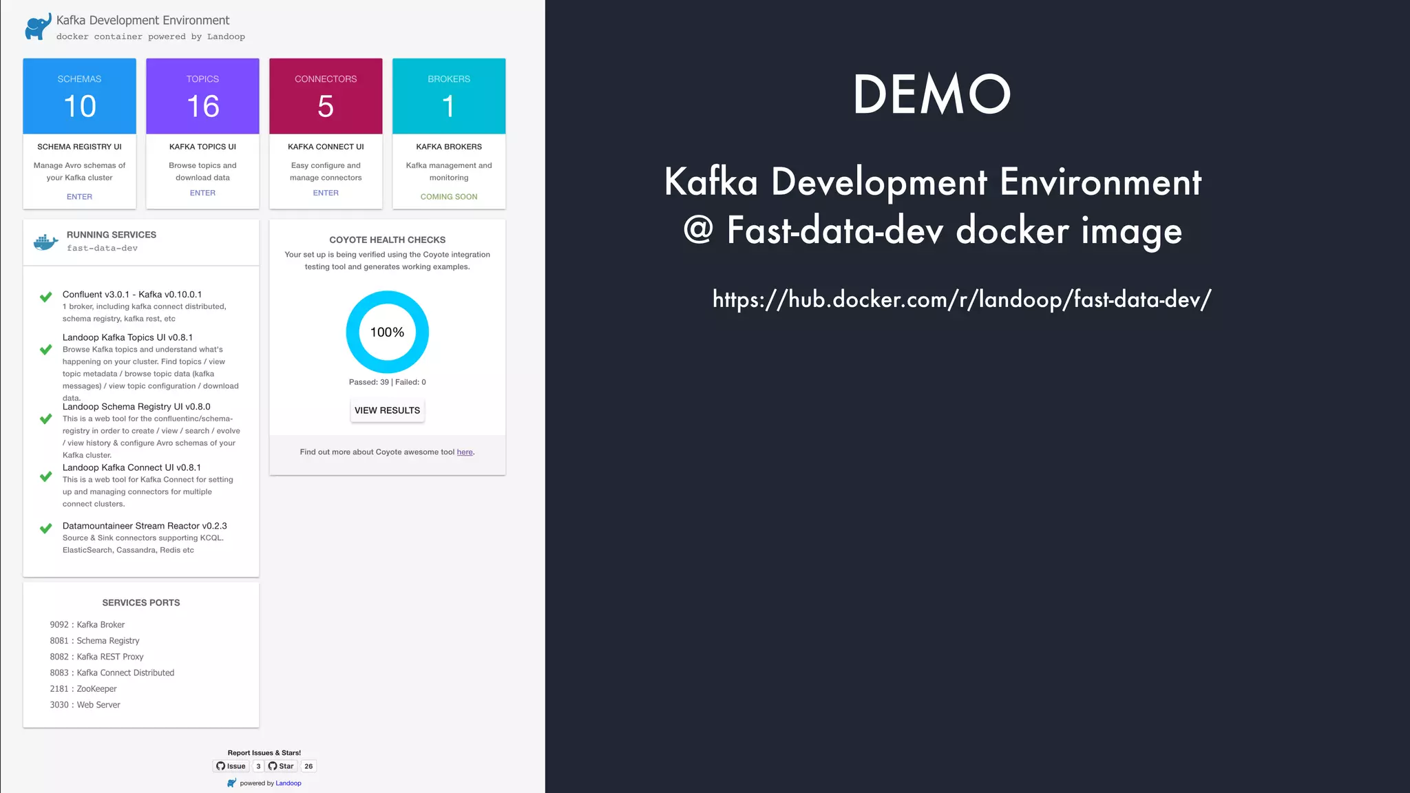 DEMO
Kafka Development Environment
@ Fast-data-dev docker image
https://hub.docker.com/r/landoop/fast-data-dev/
 